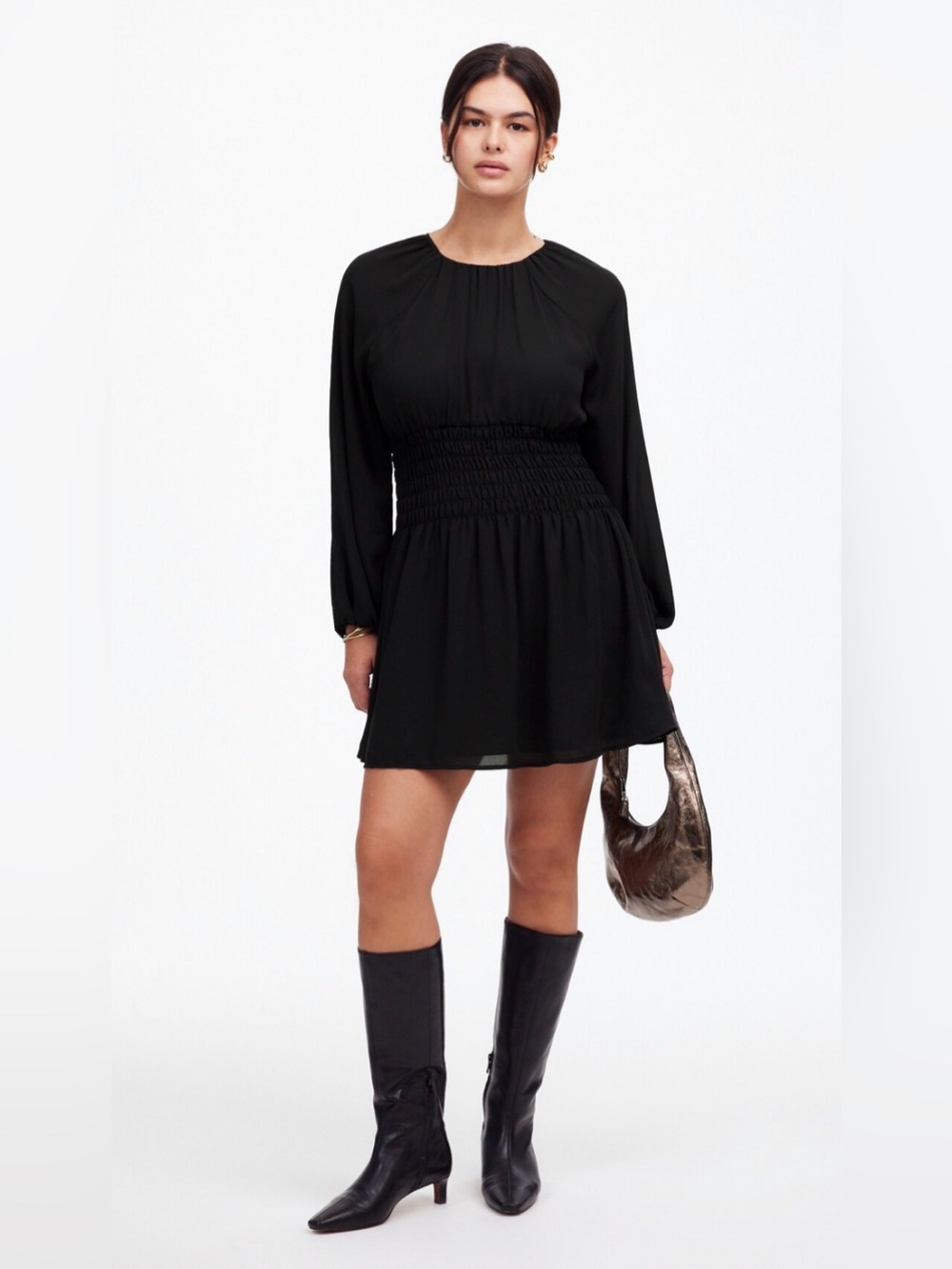 Madewell Bubble Sleeve Smocked Mini Dress XL Black NWT Fall Holiday $148